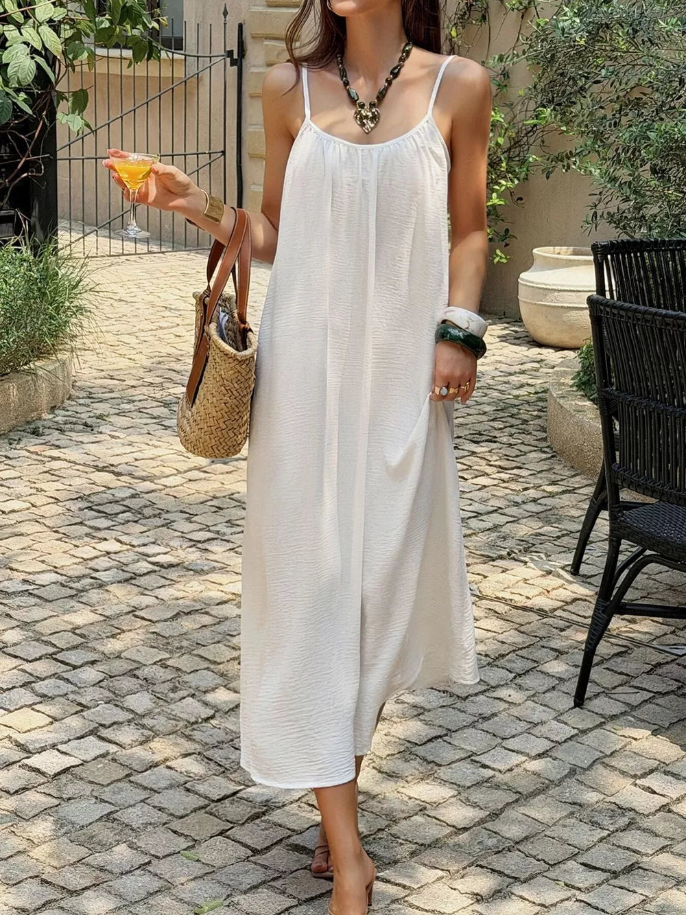 White Flowy Spaghetti Strap Midi Dress