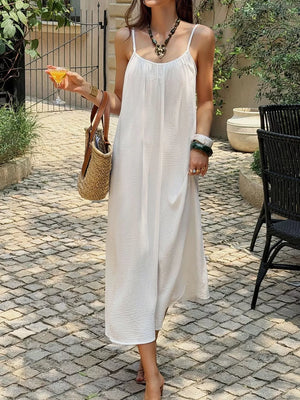 White Flowy Spaghetti Strap Midi Dress