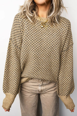 dark brown pullover sweater featuring drop shoulder and geometric