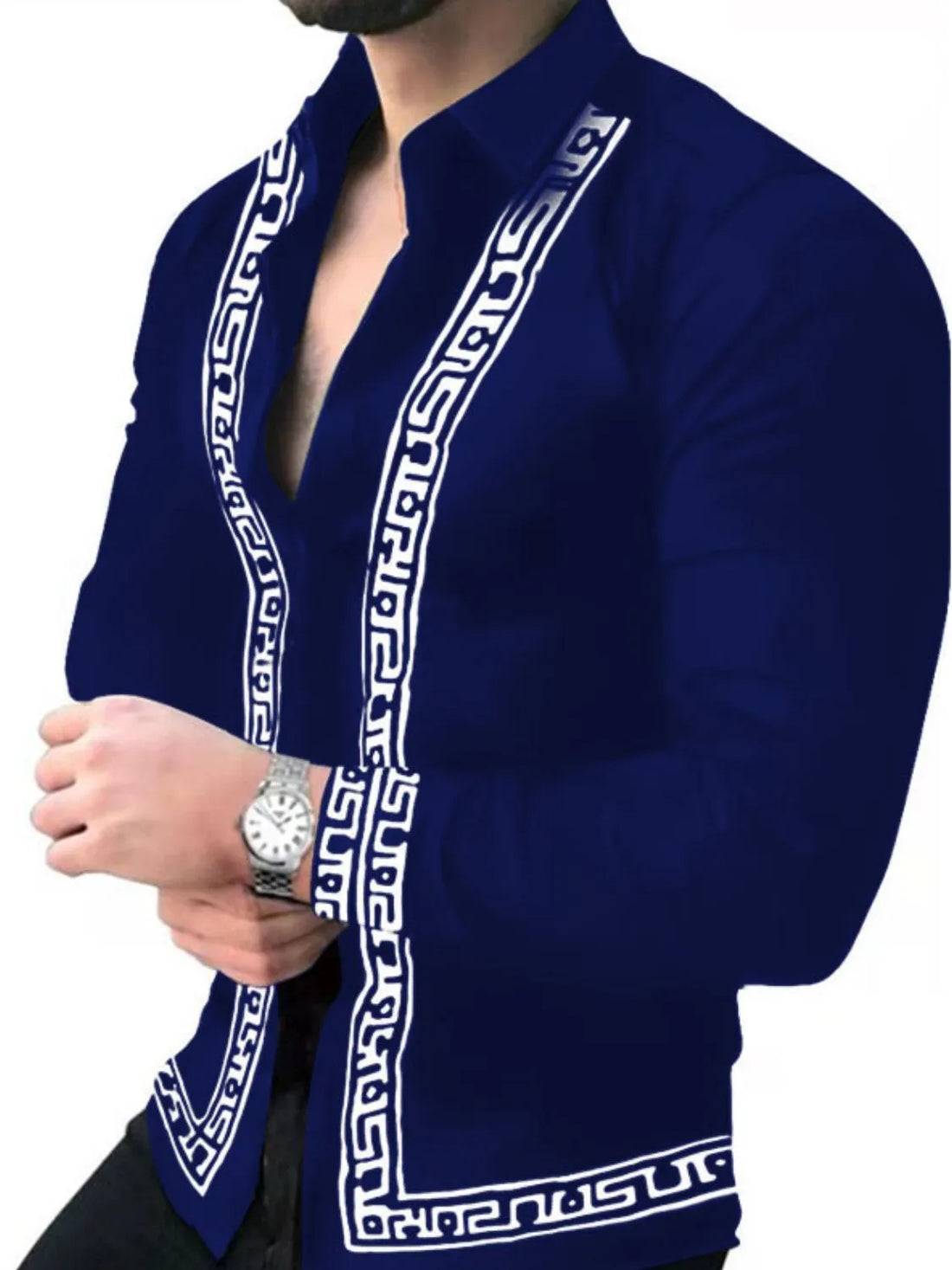 Navy long sleeve shirt with geometric trim detail on collar, placket, and cuffs.