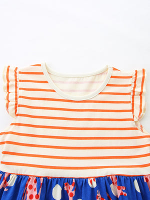 Toddler dress with orange stripes, ruffled sleeves, and a blue animal print skirt.