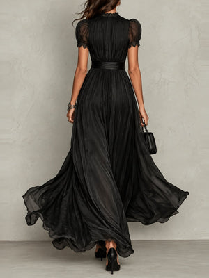 Black maxi dress with ruched and puff sleeve
