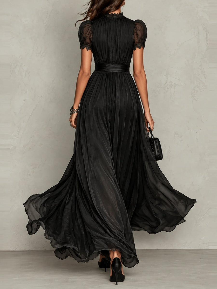Black maxi dress with ruched and puff sleeve