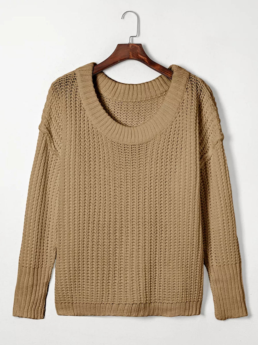 Ribbed Knit Round Neck Chunky Sweater in White, view 13