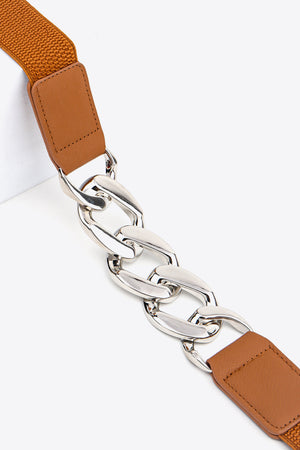 Ochre and silver chunky chain elastic waist belt with faux leather details