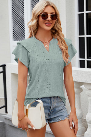 Sage eyelet flutter sleeve blouse with V-neck and layered detail.