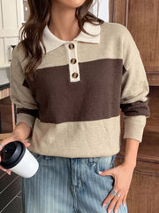Coffee Brown Color Block Polo Collar Sweater