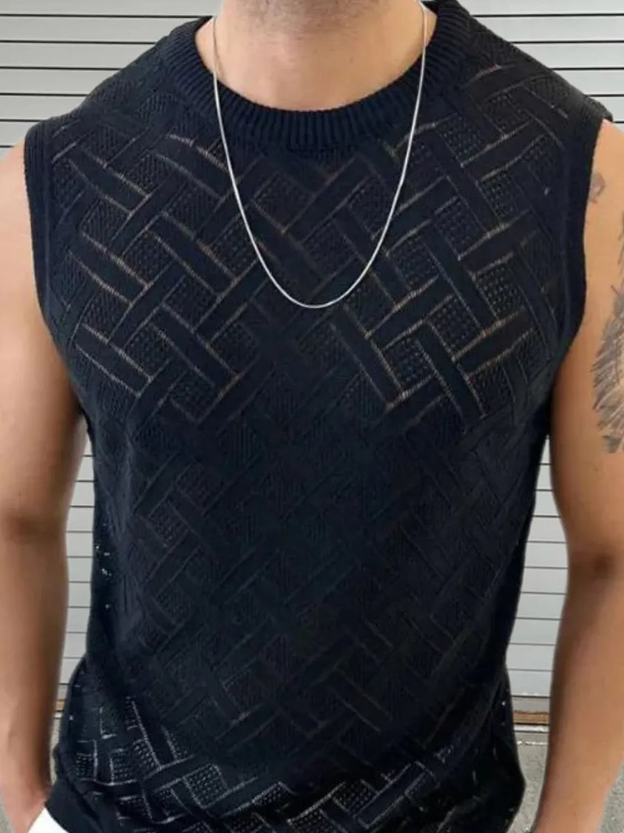 Black geometric knit sleeveless sweater with a crew neck.