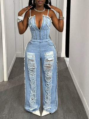 Distressed Spaghetti Strap Wide-leg Denim Jumpsuit option 5