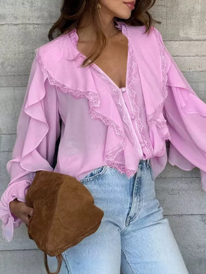 V-neck Ruffled Lace Trim Blouse in Khaki with lace trim