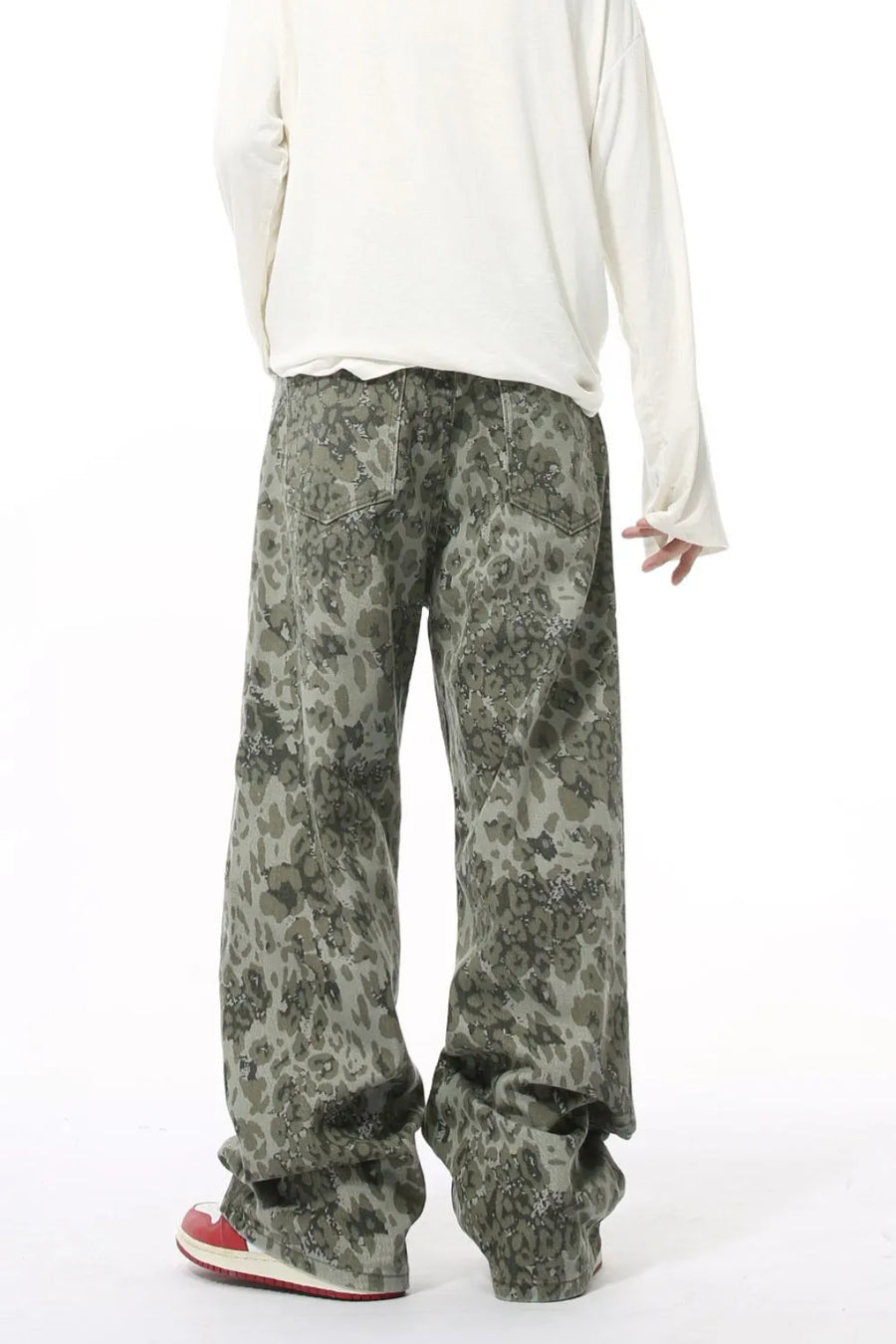 Camouflage wide-leg denim trousers in Sage, featuring a relaxed fit and casual style.