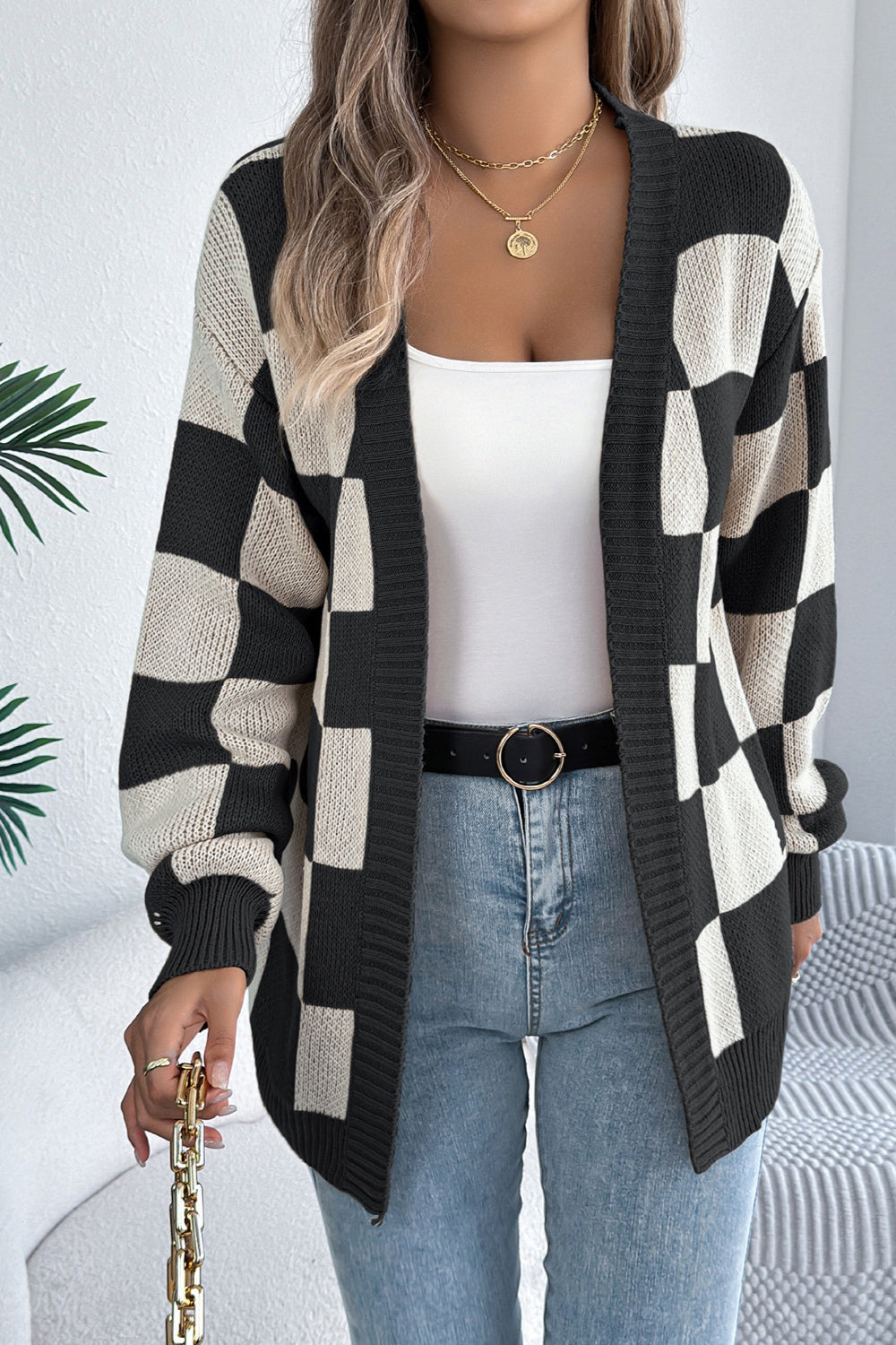 Checkerboard Pattern Open Front Knit Cardigan in Burgundy