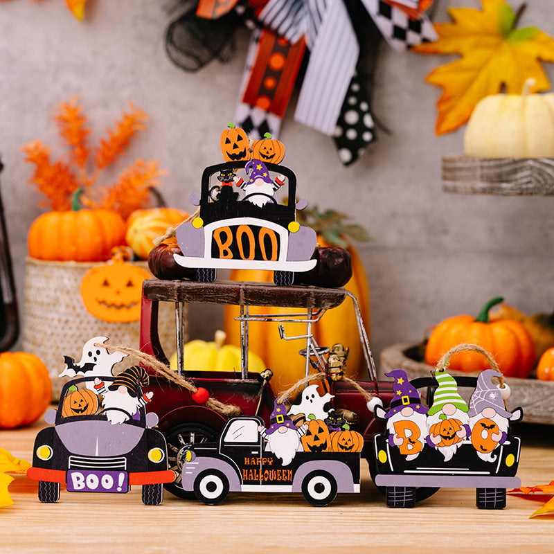 Halloween car-shaped gnome ornaments set with pumpkins and ghosts, multicolor festive decor.