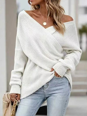 White Crisscross Ribbed Knit Long Sleeve Sweater