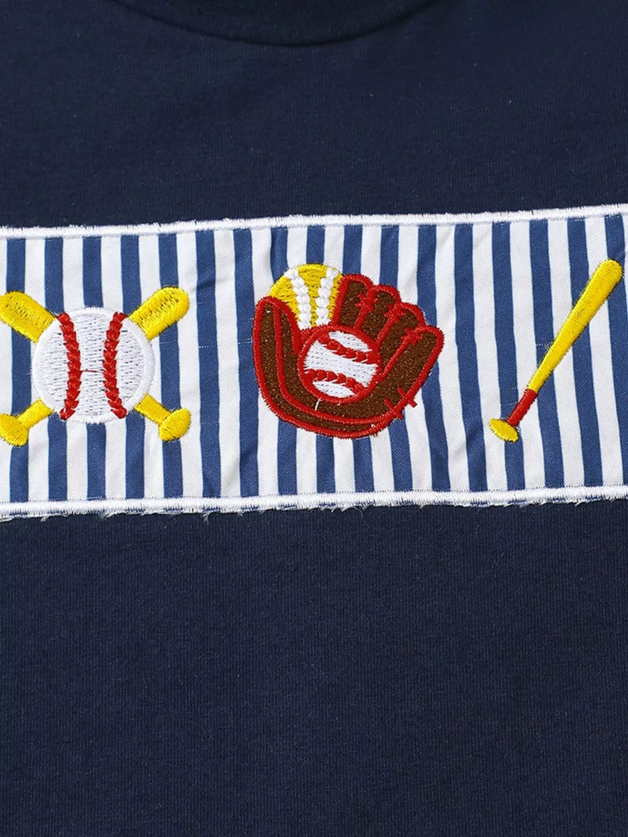 Navy baby tee with embroidered baseball graphics on striped trim