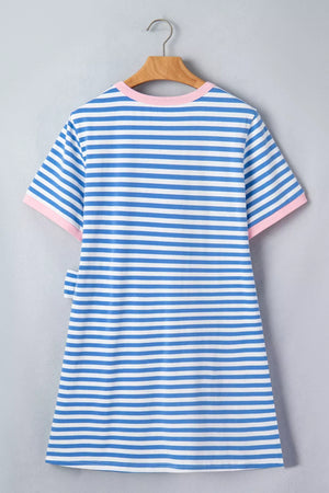 Nautical stripe mini dress with pink trim and tie detail, cotton, above knee length