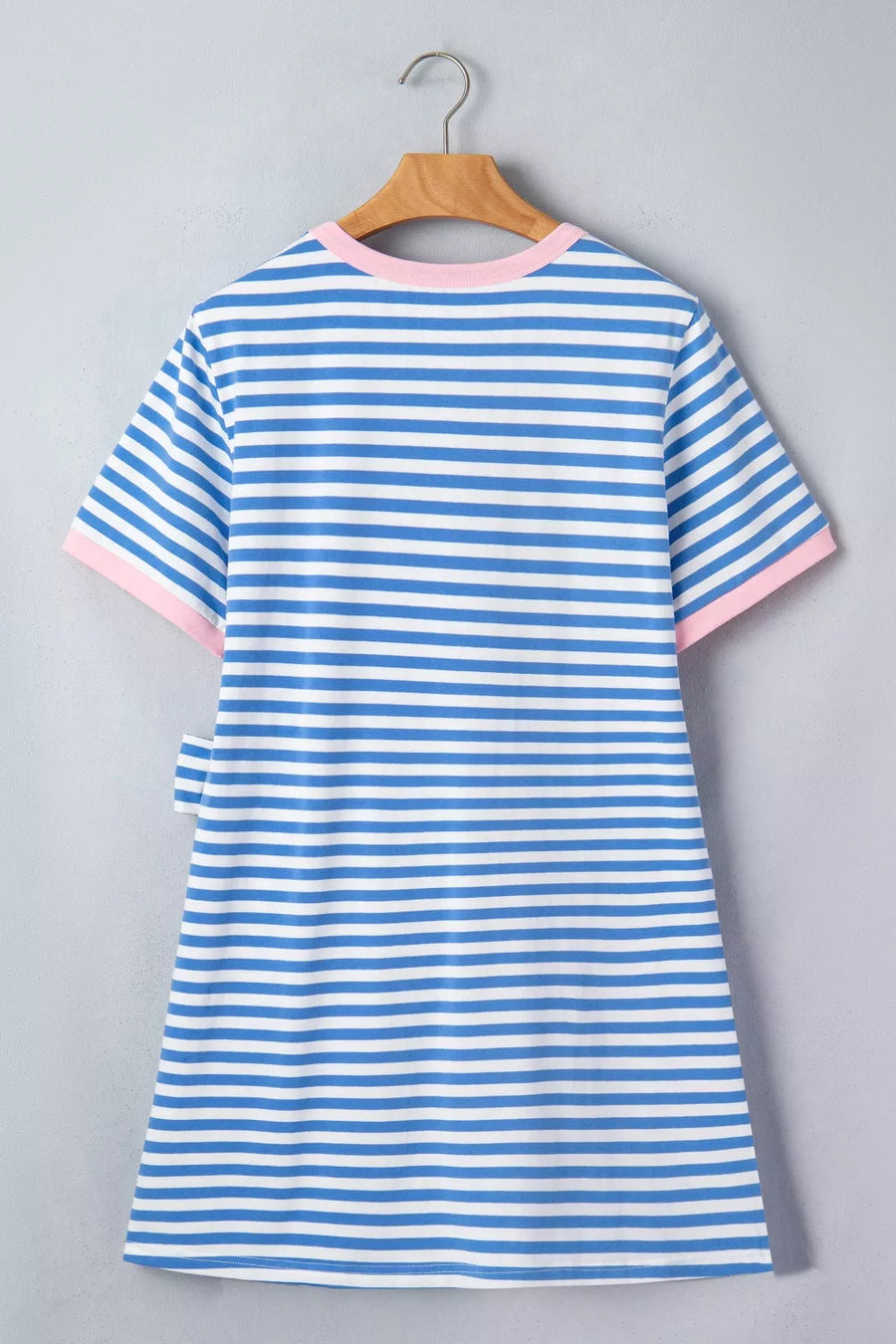Nautical stripe mini dress with pink trim and tie detail, cotton, above knee length
