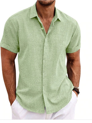 Men's light green short sleeve button-down shirt with a textured fabric.