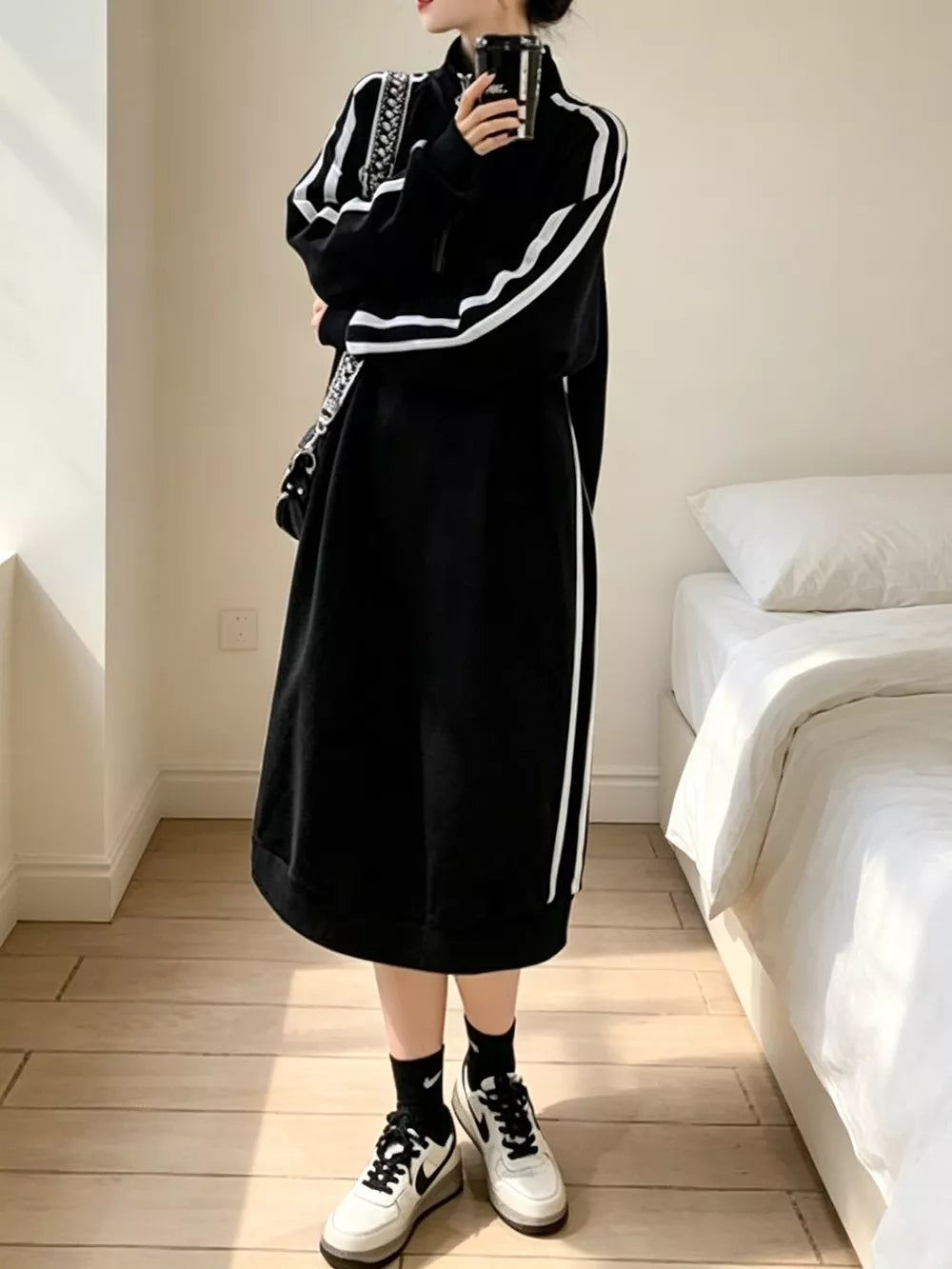 Casual Quarter-zip Mock Neck Midi Dress in Black