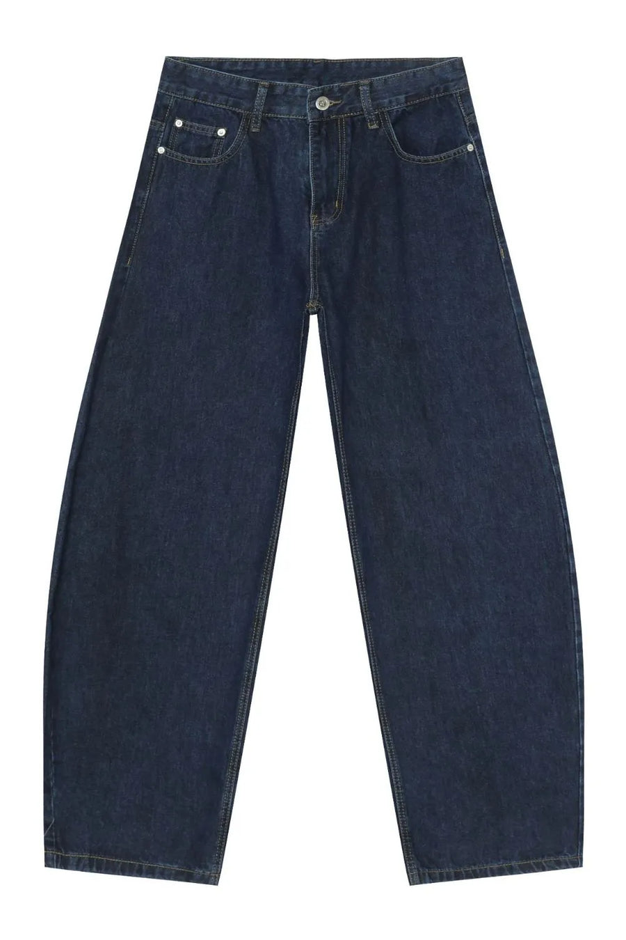 Faded baggy denim trousers in dark blue, featuring a classic five-pocket design and wide legs.