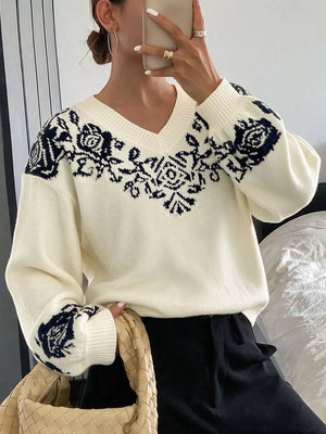 pullover sweater in Apricot with floral and dropped shoulder