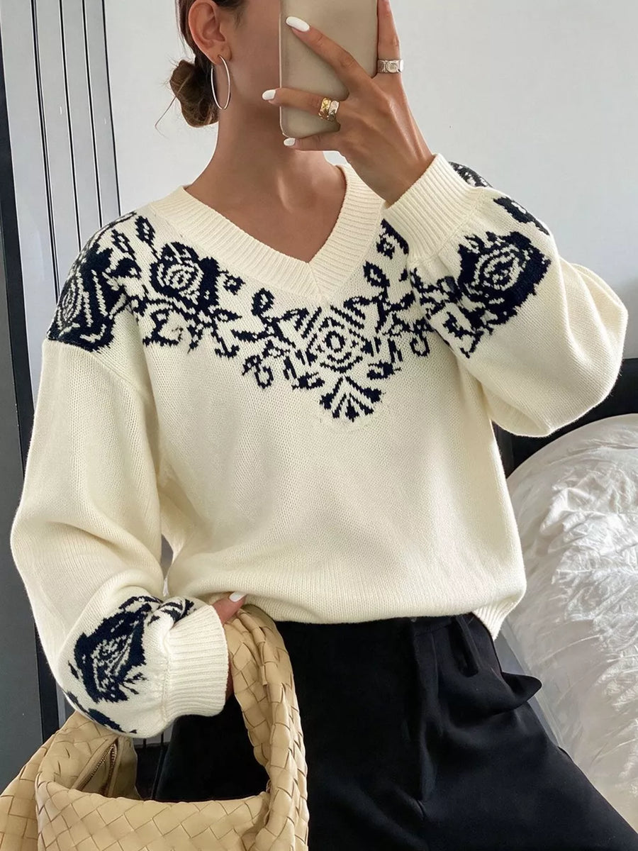 pullover sweater in Apricot with floral and dropped shoulder