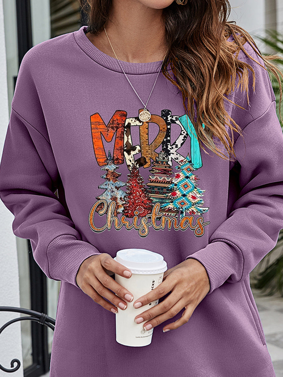 Dusty Purple sweatshirt with "Merry Christmas" graphic and festive trees.