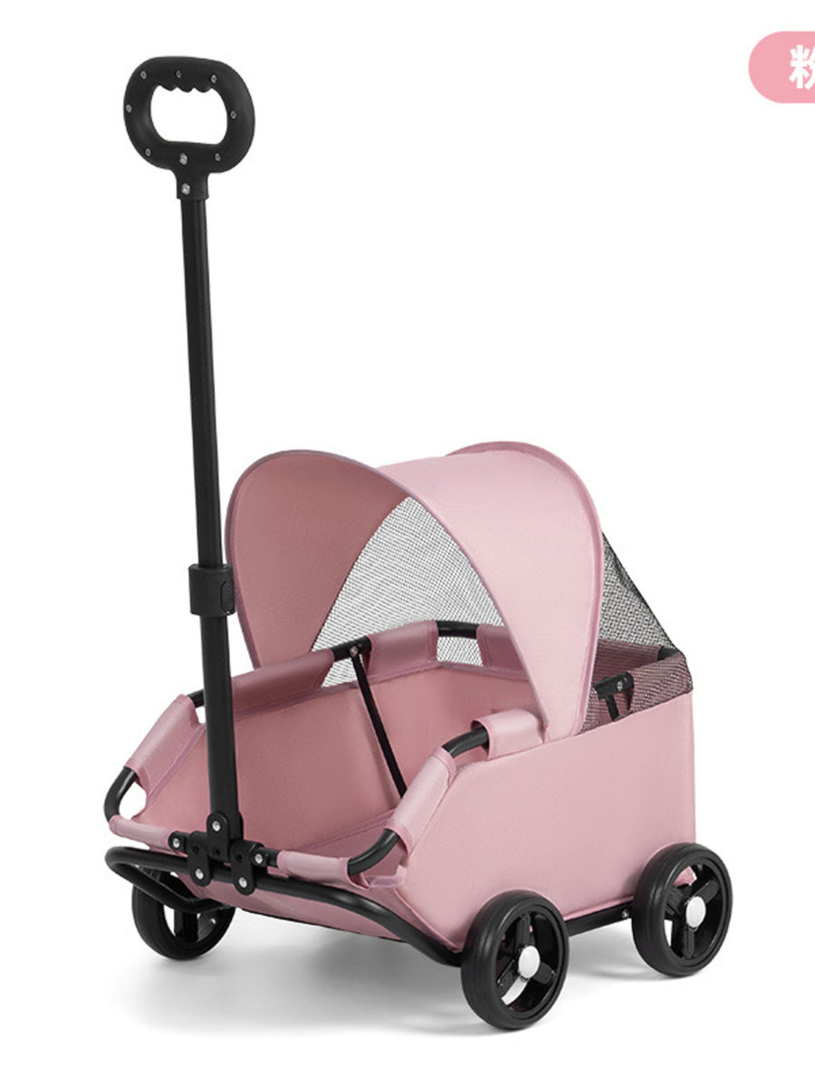 Pink foldable pet stroller with canopy and adjustable handle.