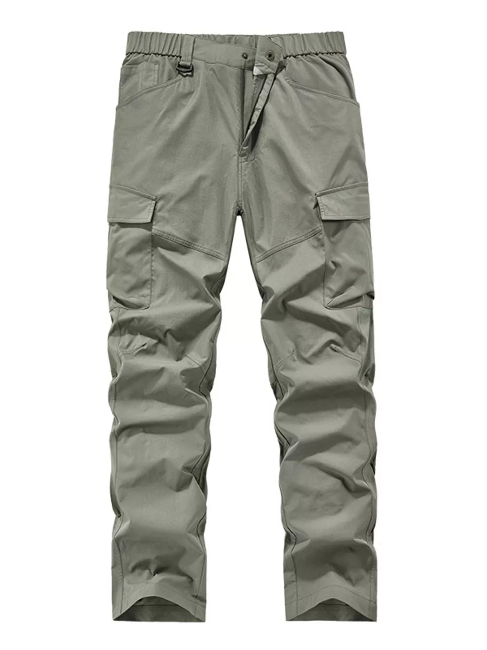 Sage cargo pants with elastic waist and drawstring, featuring multiple pockets.