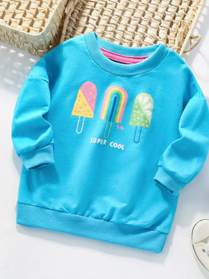Baby blue cotton sweatshirt with ice cream graphics and "SUPER COOL" text.