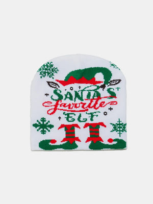 White acrylic knit beanie with Santa's Favorite Elf and elf shoes graphic.