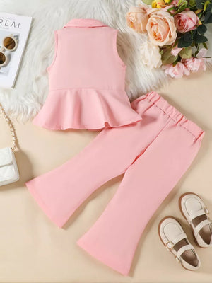 Pink sleeveless peplum blazer and flare pants set for baby girls.
