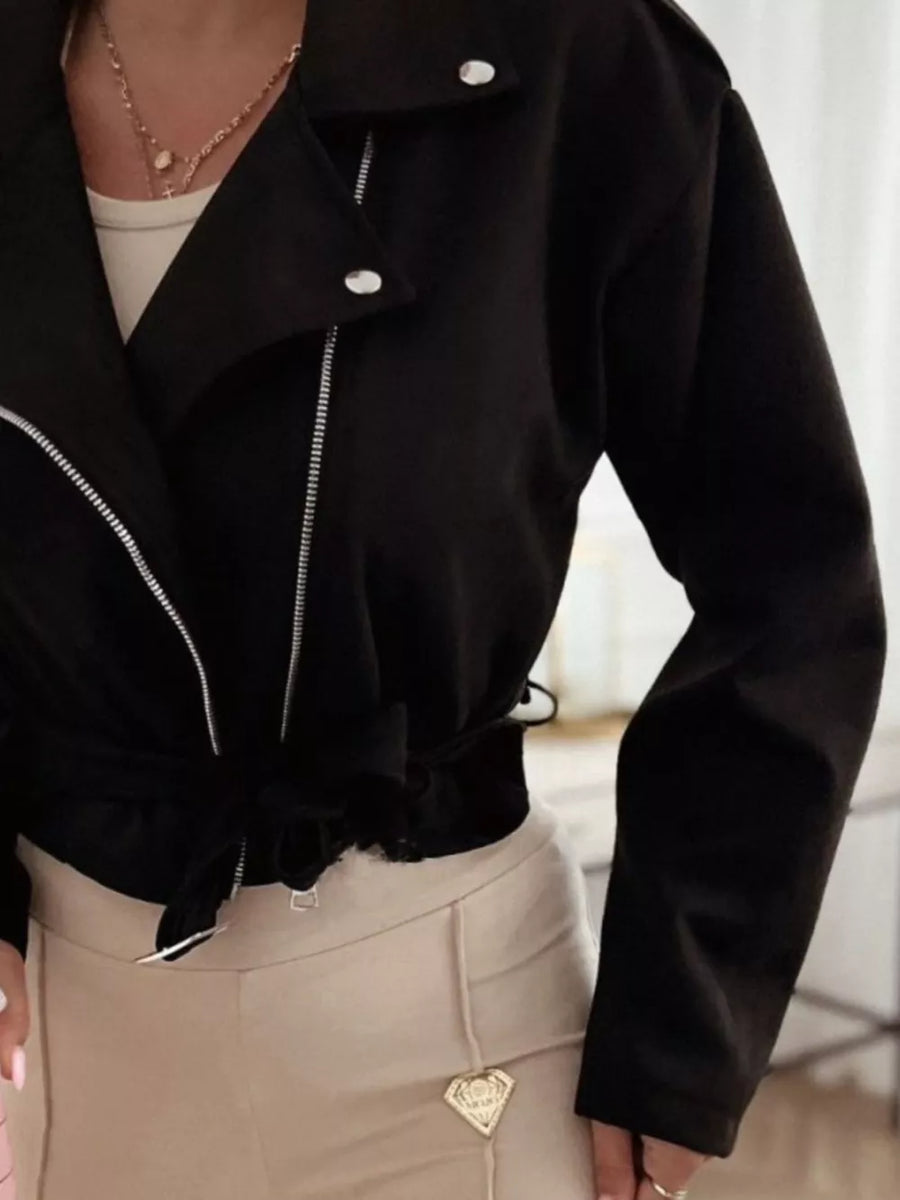 Army Green Cropped Biker Jacket With Belt Detail