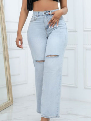Light Blue wide-leg jeans with full-length and button-front