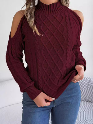 pullover sweater in orange with cable-knit and hip-length