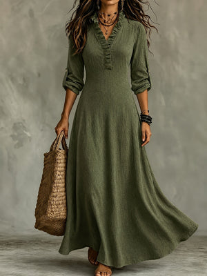 olive green maxi dress with ribbed and v-neck
