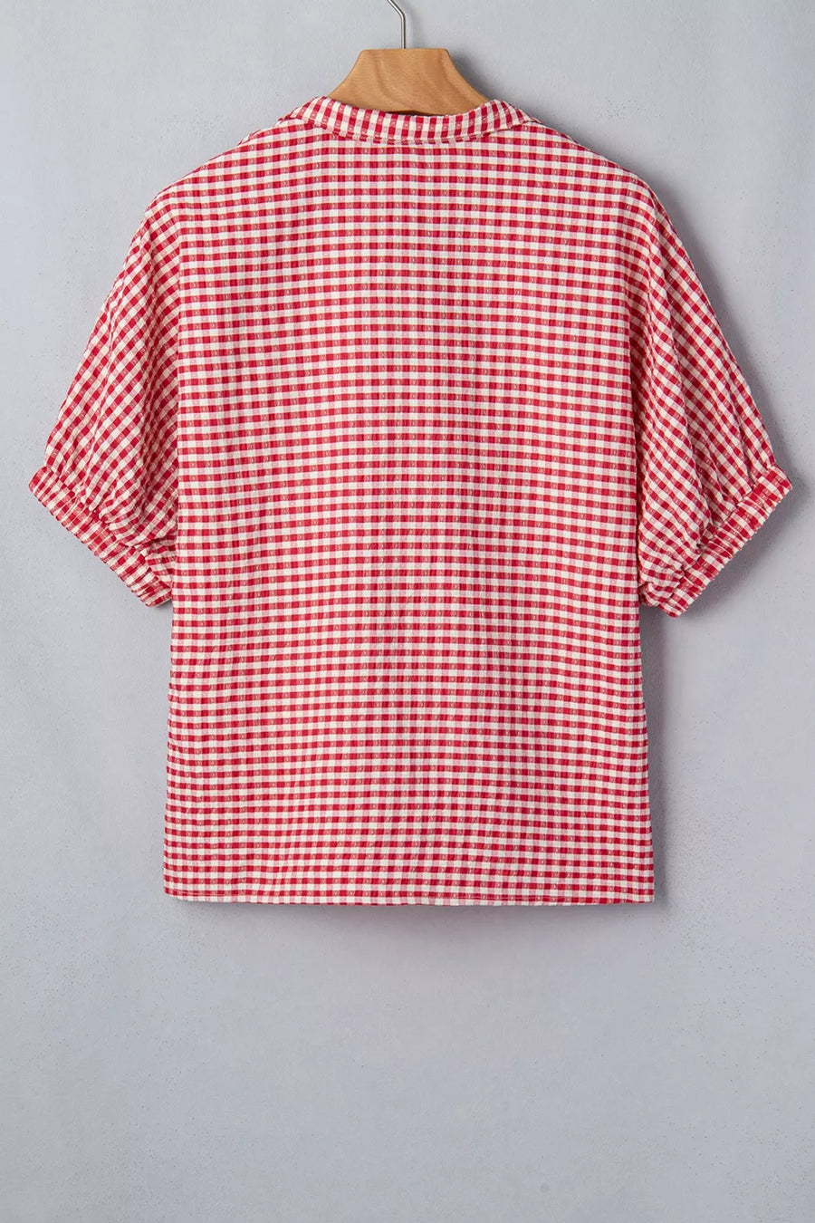 Strawberry gingham checkered maternity overshirt with half sleeves.