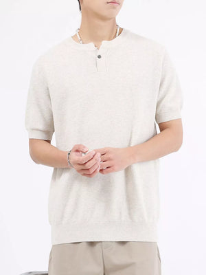 Men's casual knit henley shirt in off-white with short sleeves and a two-button placket.