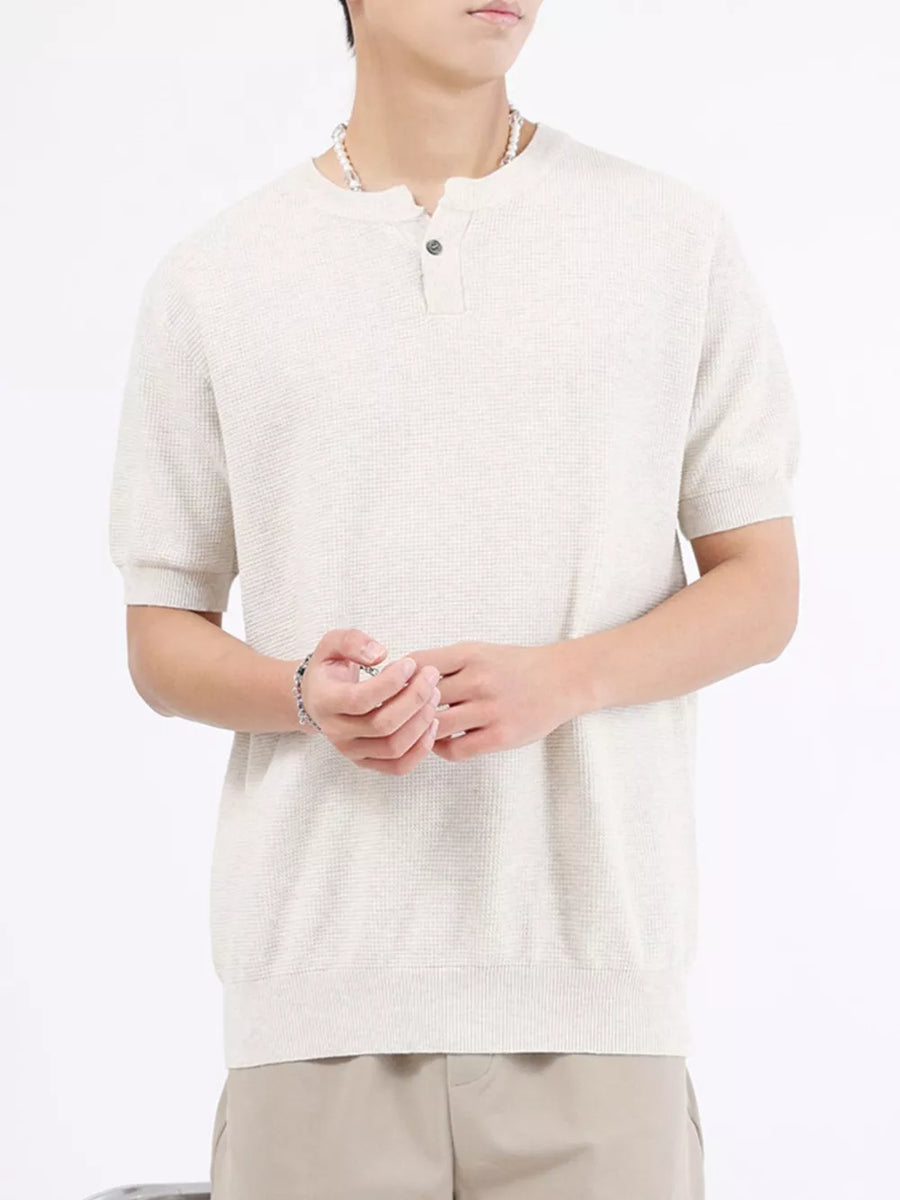 Men's casual knit henley shirt in off-white with short sleeves and a two-button placket.