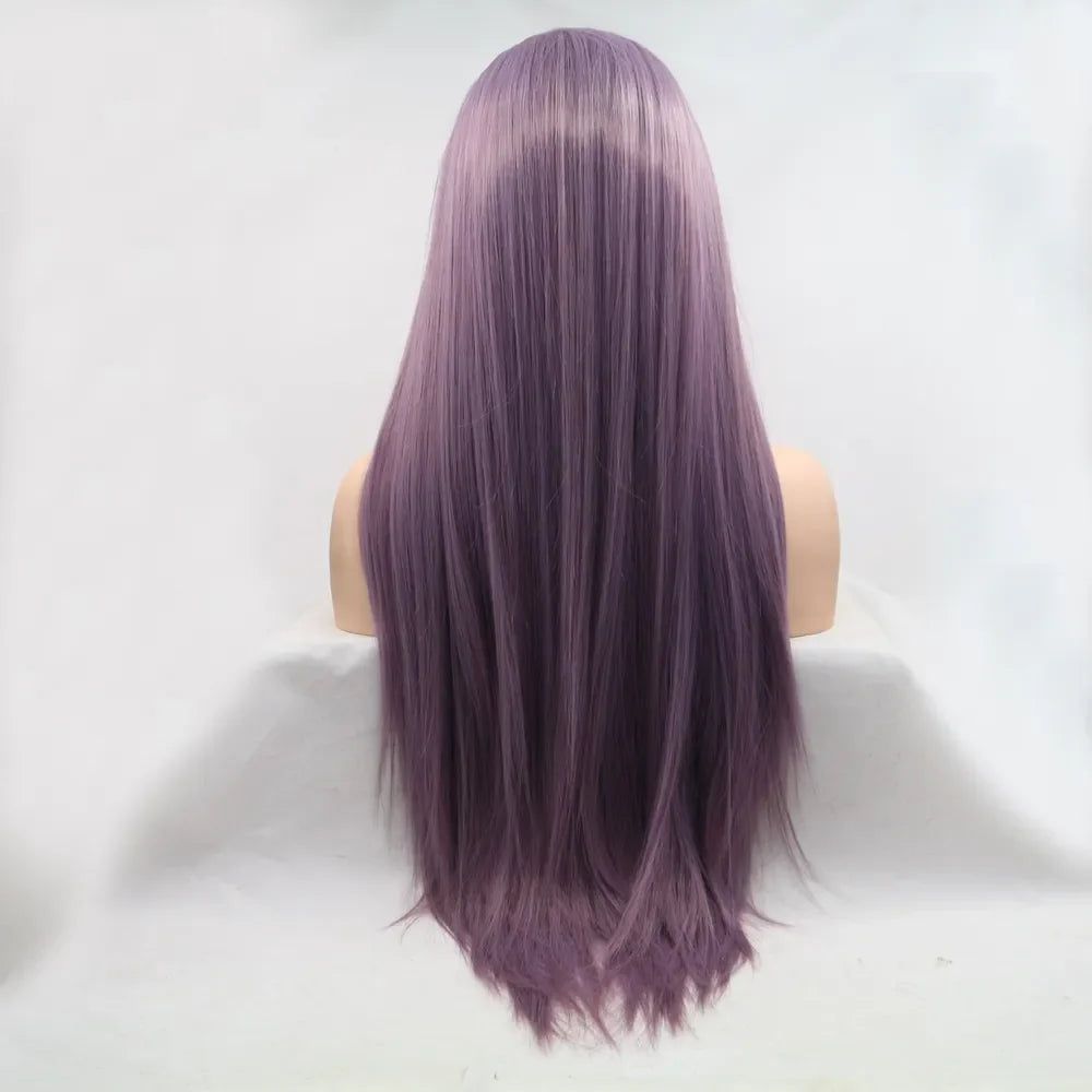 Purple straight lace front wig with a natural hairline and long, flowing hair.