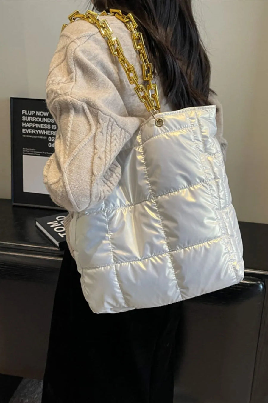 White quilted nylon tote bag with gold chain handle