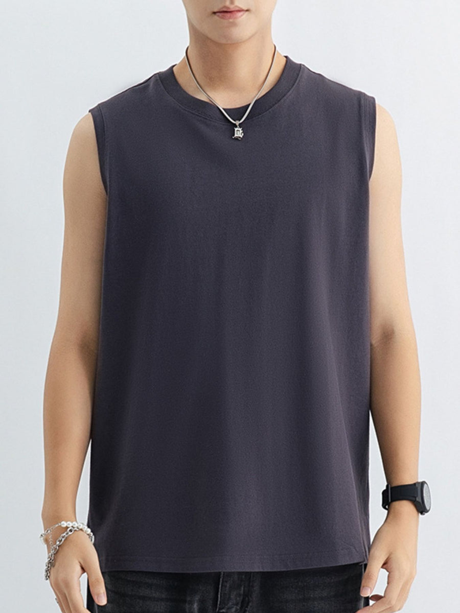Men's dark gray cotton tank top with crew neck and sleeveless cut.