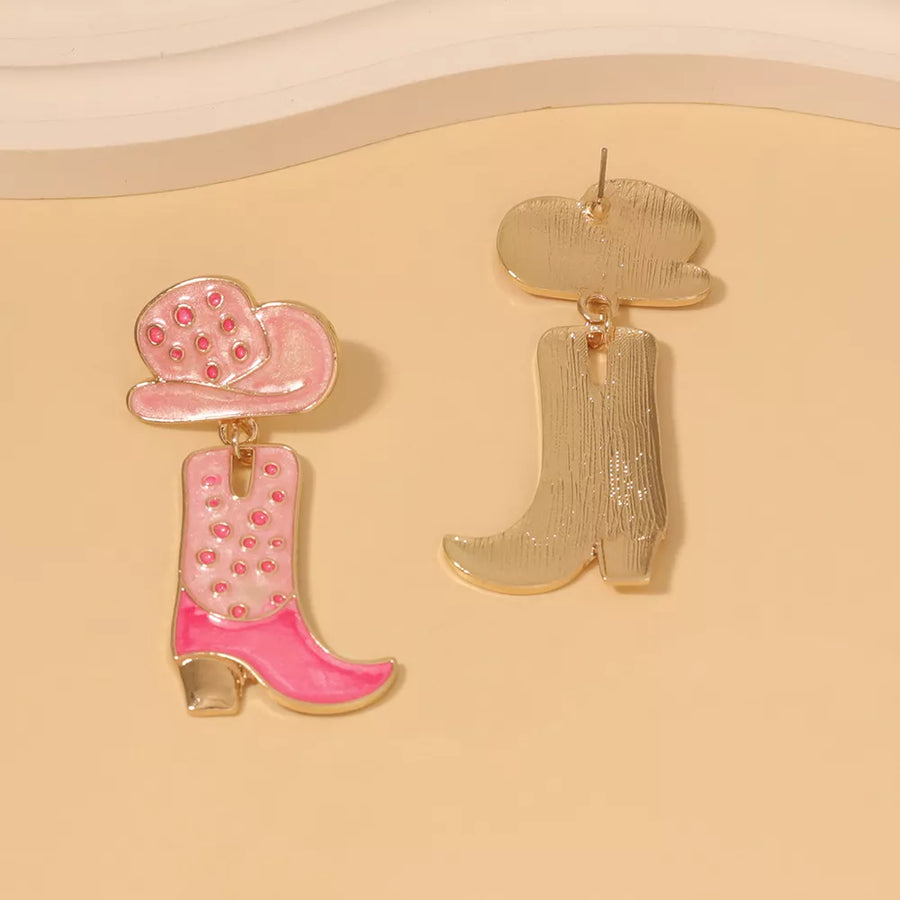 Pink and gold cowboy boot and hat dangle earrings
