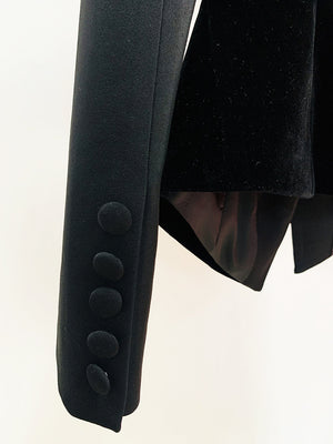 Velvet-Paneled Stand-Up Collar Blazer in Black with seam detail