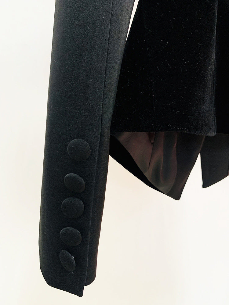 Velvet-Paneled Stand-Up Collar Blazer in Black with seam detail