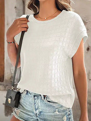 Textured Round Neck Short Sleeve Top in White