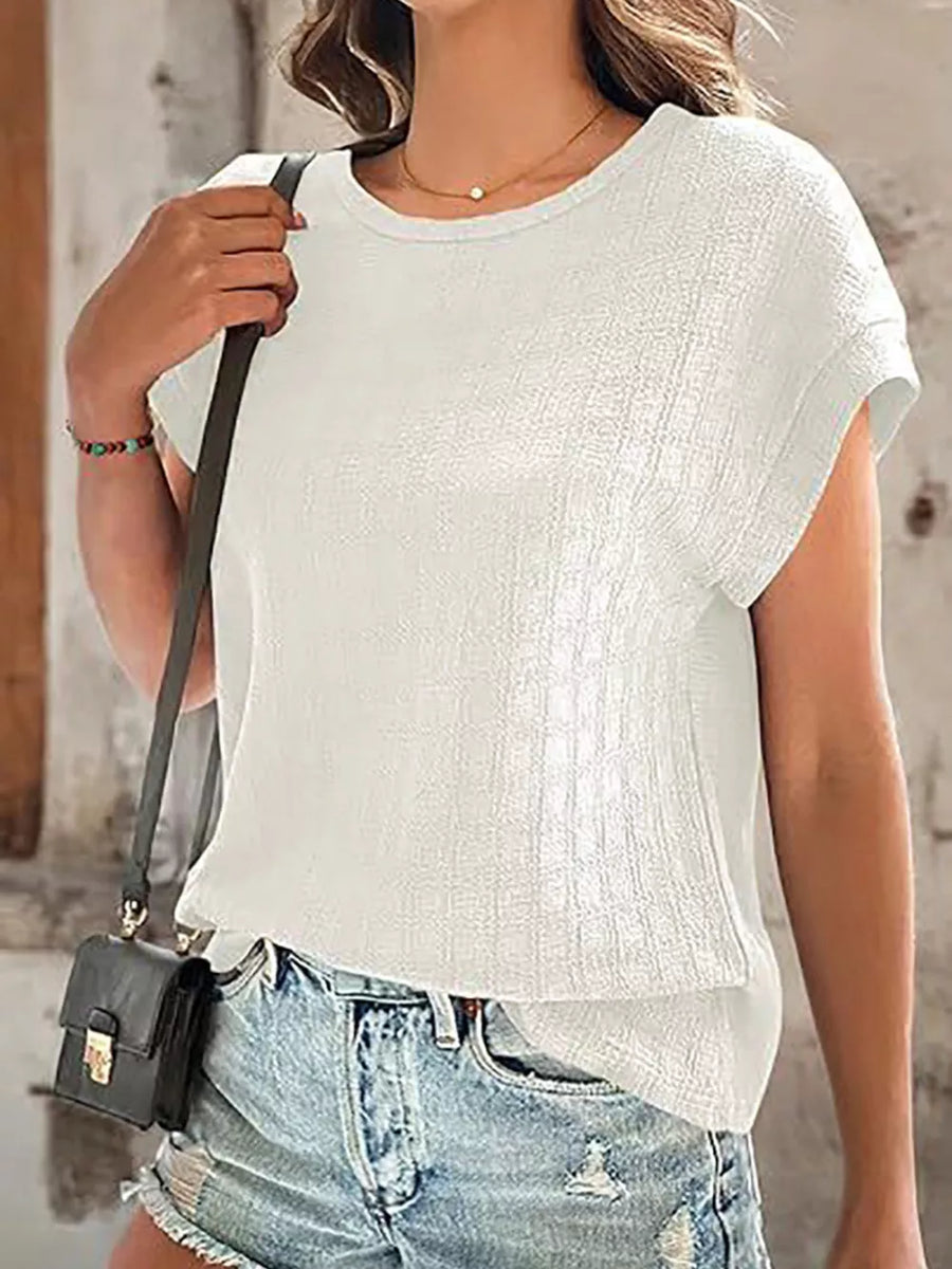 Textured Round Neck Short Sleeve Top in White