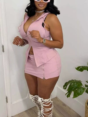 Pink hooded zippered sleeveless top with a matching zippered skirt.