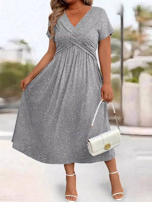 Green Full Size Glitter Flutter Sleeve Midi Dress Plus Size