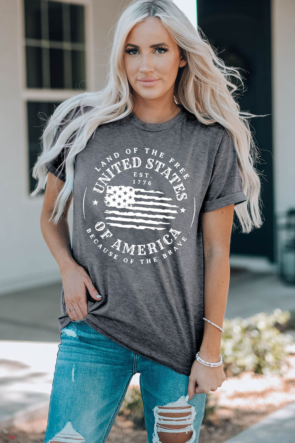 Mid Gray crew neck tee with vintage USA flag graphic and text.